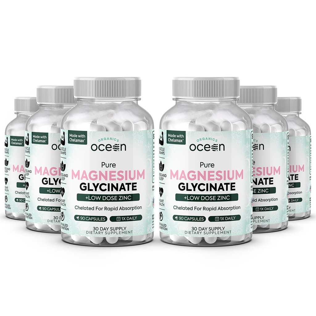 Organiske Ocean Pure Magnesium Glycinat med zink - Maksimal styrke Chelated Magnesium supplement til kvinder og mænd for muskelkramper og søvn støtte - 6 flasker