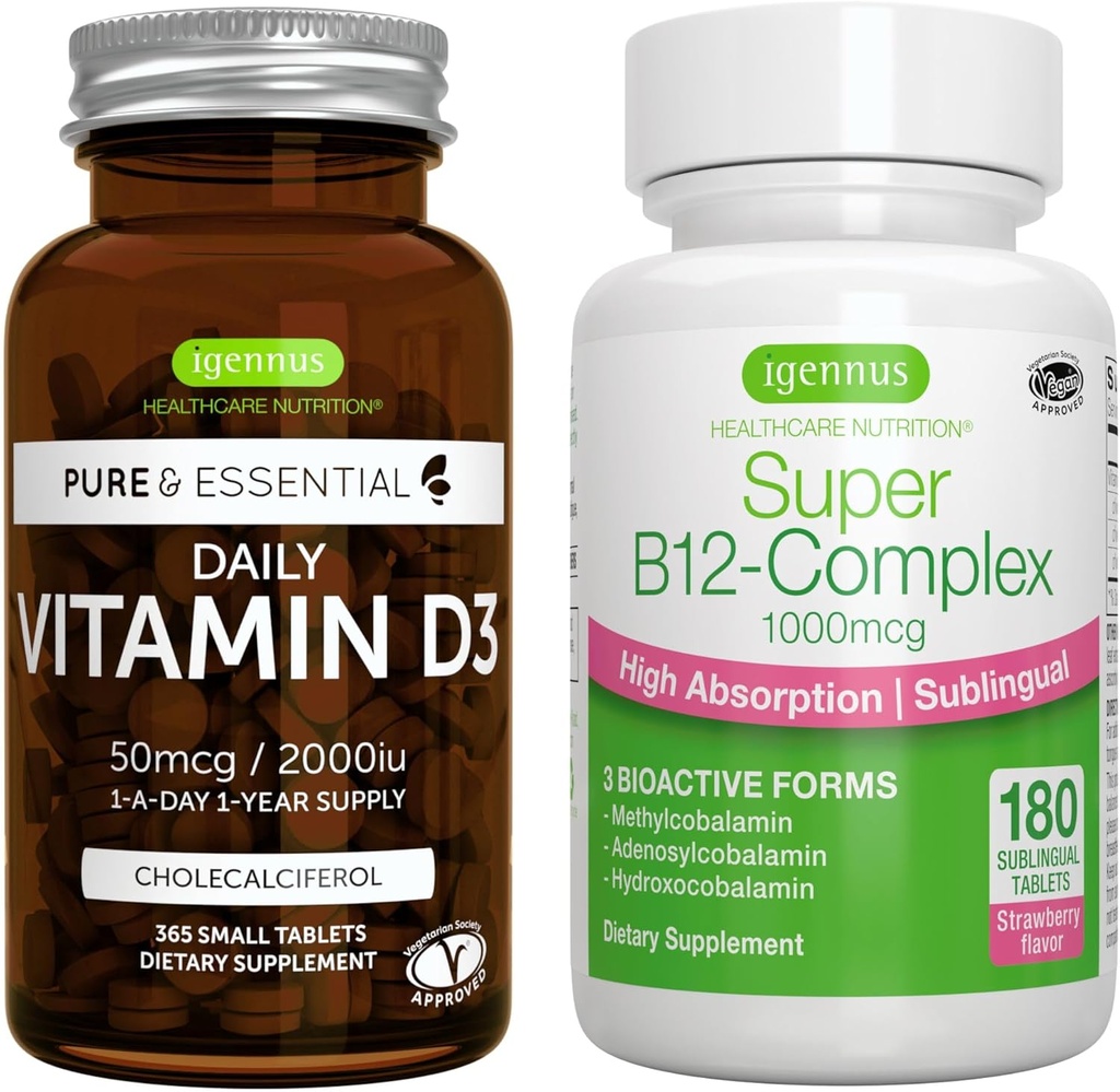Daily Vitamin D3 + Super B12- Complex, Vegetarisk Bundle, 365 2000iu Vitamin D3 tabletter + Høj Absorption Sublingual B12, ved Igennus