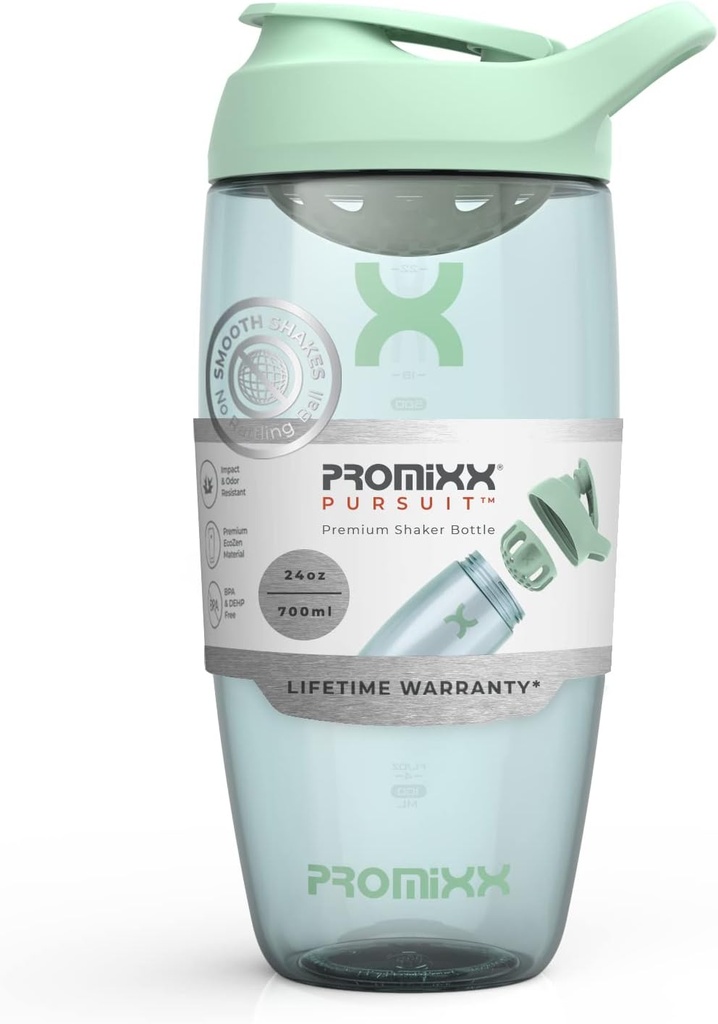Promixx Pursuit Protein Shaker Flaske (24 oz) - Silent No- Ball Mixer, Leak- Proof Lid, BPA / BPS & Phthalate- Free ECOZEN - Easy- Clean Shaker Cup for Protein Shakes, Pre & Post- Workout Smoothies