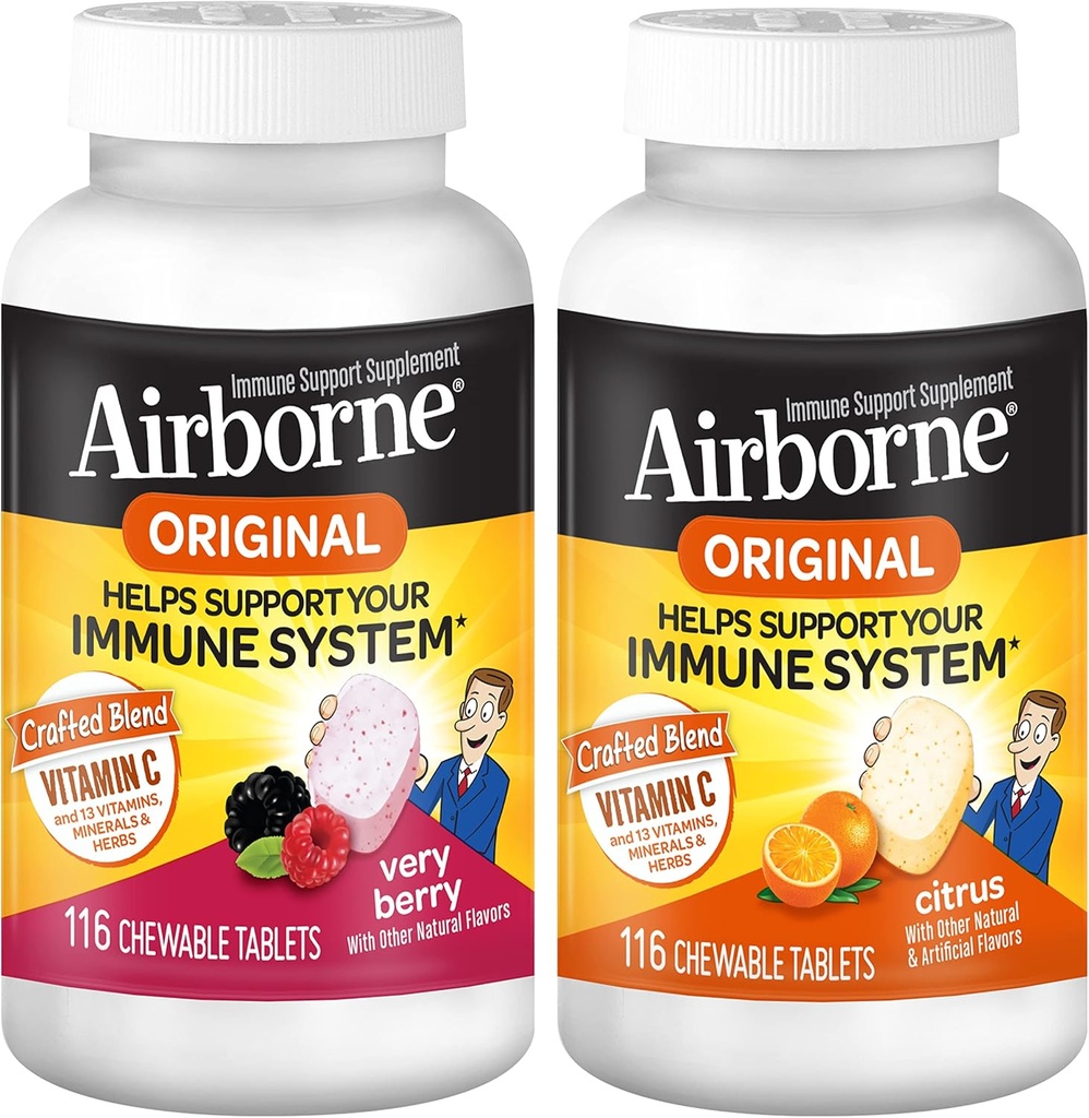 Airborne 1000mg C-vitamin tyggetabletter Citrus & Very Berry Flavor Bundle - immunsupporttillæg med zink og kraftfulde antioxidant vitaminer A C & E, (2x116ct flasker) *