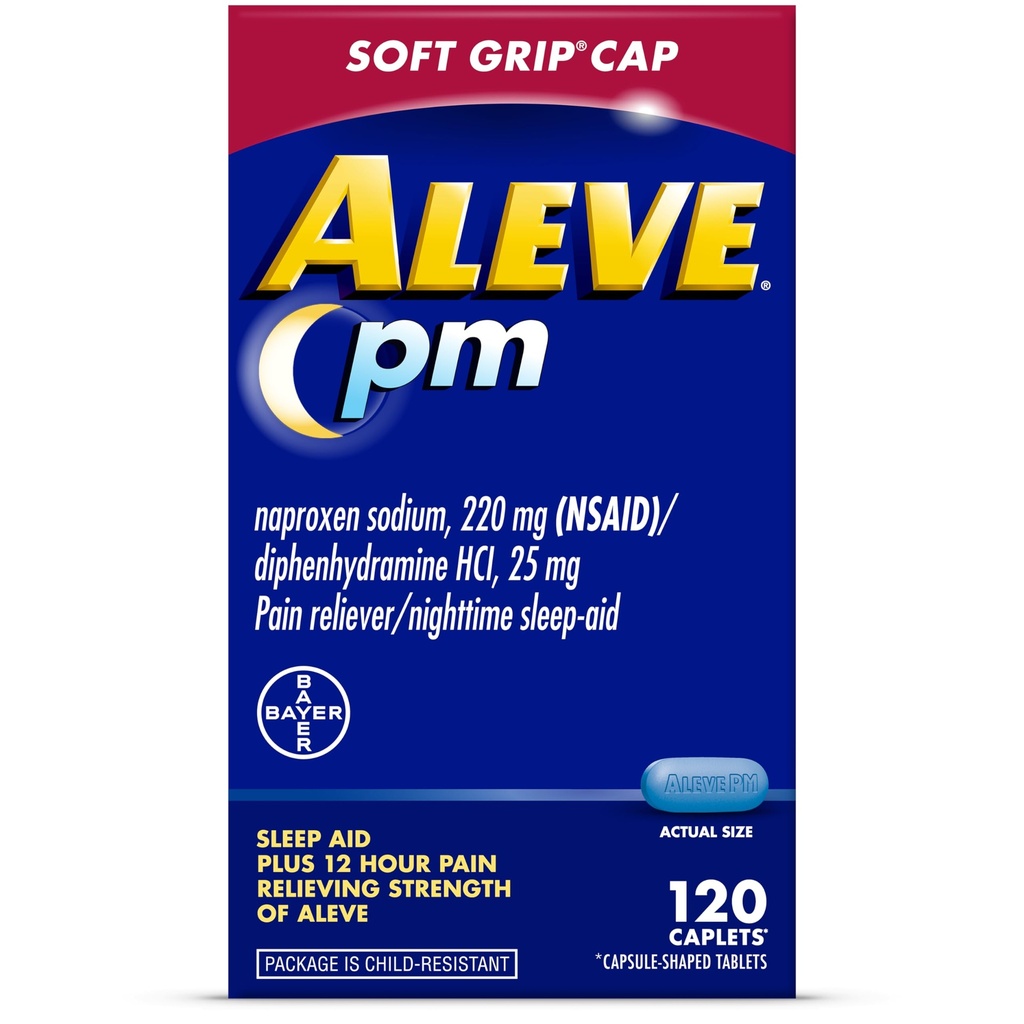 Aleve PM Sleep Aid Plus Pain Reliever Caplets, Naproxen Natrium & Diphenhydramin HCl, Nighttime, 120 Greve
