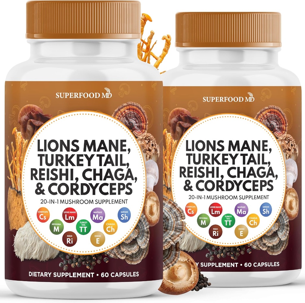 Lions Mane Mushroom Supplement med Tyrkiet Tail Reishi Cordyceps Chaga med Marshmallow Root - 120 Greve