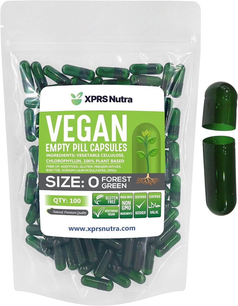 XPRS Nutra Størrelse 0 Tomme kapsler - 100 Tomme Veganske kapsler - Vegetariske piller - DIY vegetabilsk kapsel Fyldning - Veggie Pill Caps til Do- It- Yourself Kosttilskud (Forest Green)