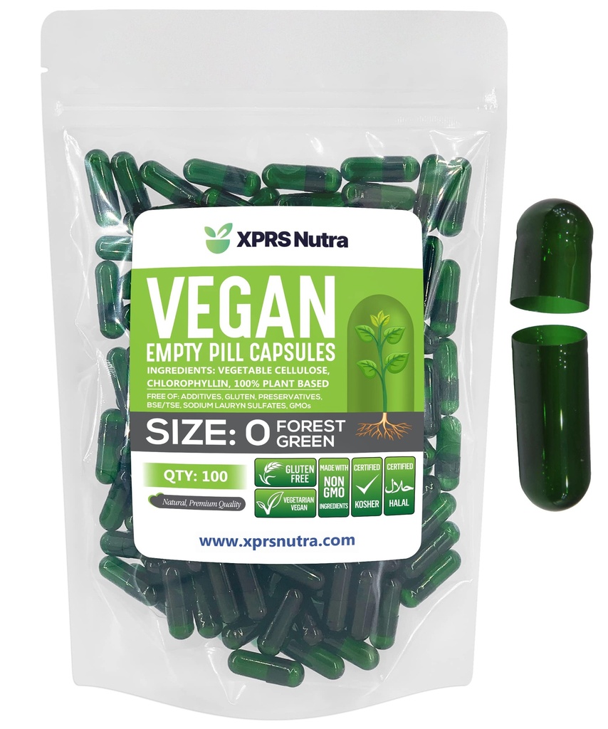 XPRS Nutra Størrelse 0 Tomme kapsler - 100 Tomme Veganske kapsler - Vegetariske piller - DIY vegetabilsk kapsel Fyldning - Veggie Pill Caps til Do- It- Yourself Kosttilskud (Forest Green)
