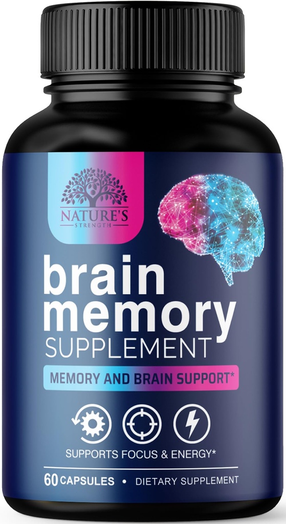 Brain Memory Supplement Pills - 3X Strength Nootropics for Concentration, Clarity & Focus Support - Brain Health Cognitive Vitaminer med Bacopa, Phosphatidylserin & DMAE, Brain Booster - 60 Kapsler