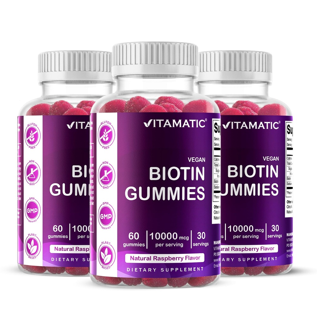 Vitamatisk biotin gummies 10.000 mcg for stærkere hår, hud & negle - 60 Vegansk gummies - også kaldet vitamin B7 (3 flasker)
