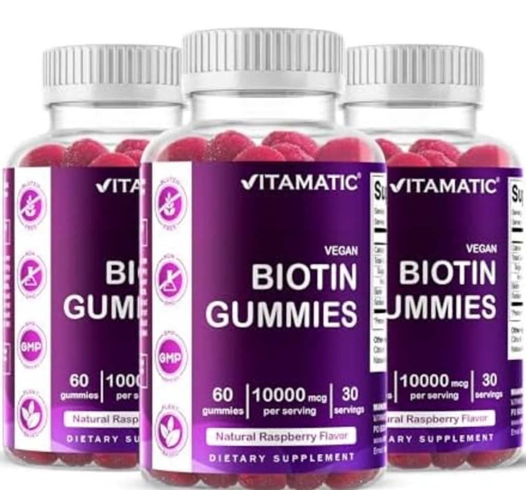 Vitamatisk biotin gummies 10.000 mcg for stærkere hår, hud & negle - 60 Vegansk gummies - også kaldet vitamin B7 (3 flasker)