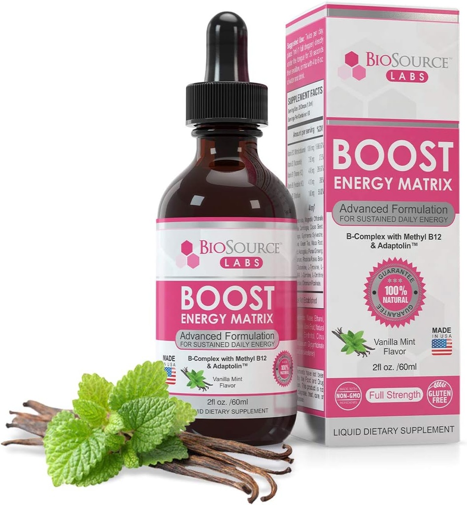Boost Energy Matrix - Vegansk vitamin B- Complex Sublingual Liquid Drops w / Methyl B12 & Adaptolin (2oz / 60ml flaske)
