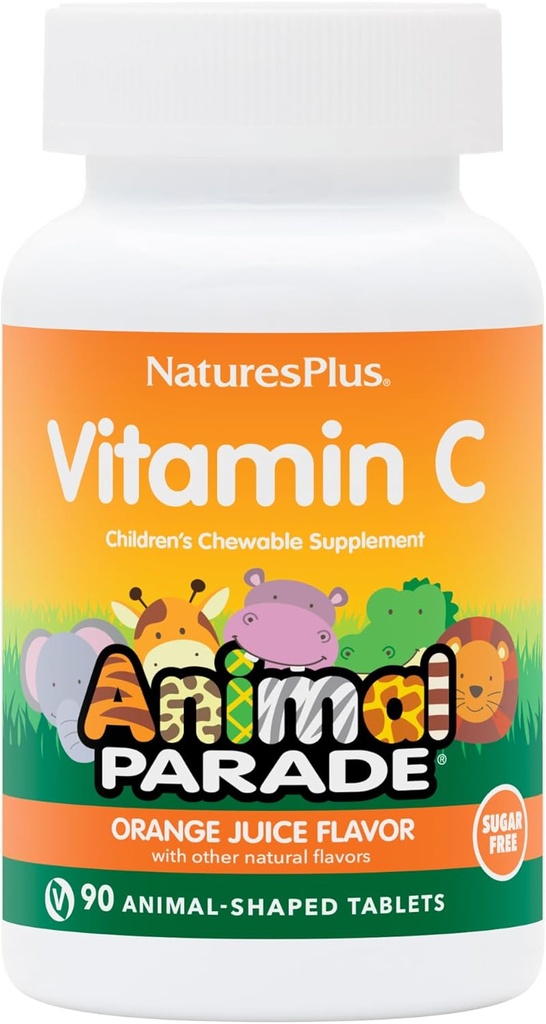 Natures Plus Animal Parade Sugar- Free Children 's Vitamin C, Natural Orange Juice Flavor - 90 Chewable Animal Shaped Tablets - Immunstøtte - Gluten Free - 45 Serveringer