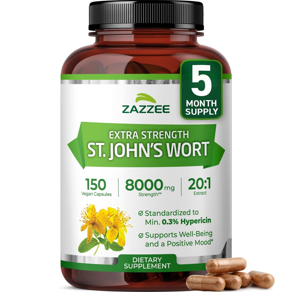 Zazzee Extra Strength St. John 's Wort 20: 1 Extract, 8000 mg Strength, 0, 3% Hypericin, 150 Vegankapsler, 5 Måned Supply, Koncentreret, Standardized 20X Extract, 100% Vegetar, Non- GMO, All- Natural