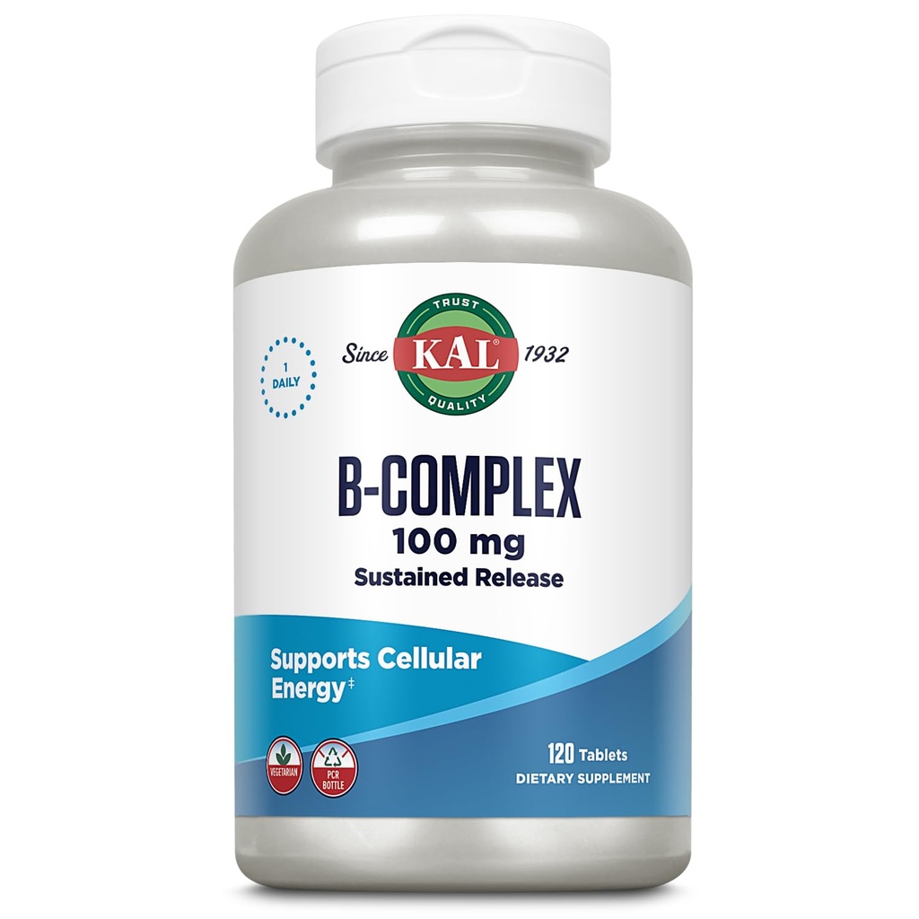 KAL B-100 Complex - Vedvarende udløsning B-kompleks - Sund energistøtte med naturlig støtte Base og frisk mintbelægning - Vegetarisk - 60 dages garanti - 120 Servering, 120 tabletter