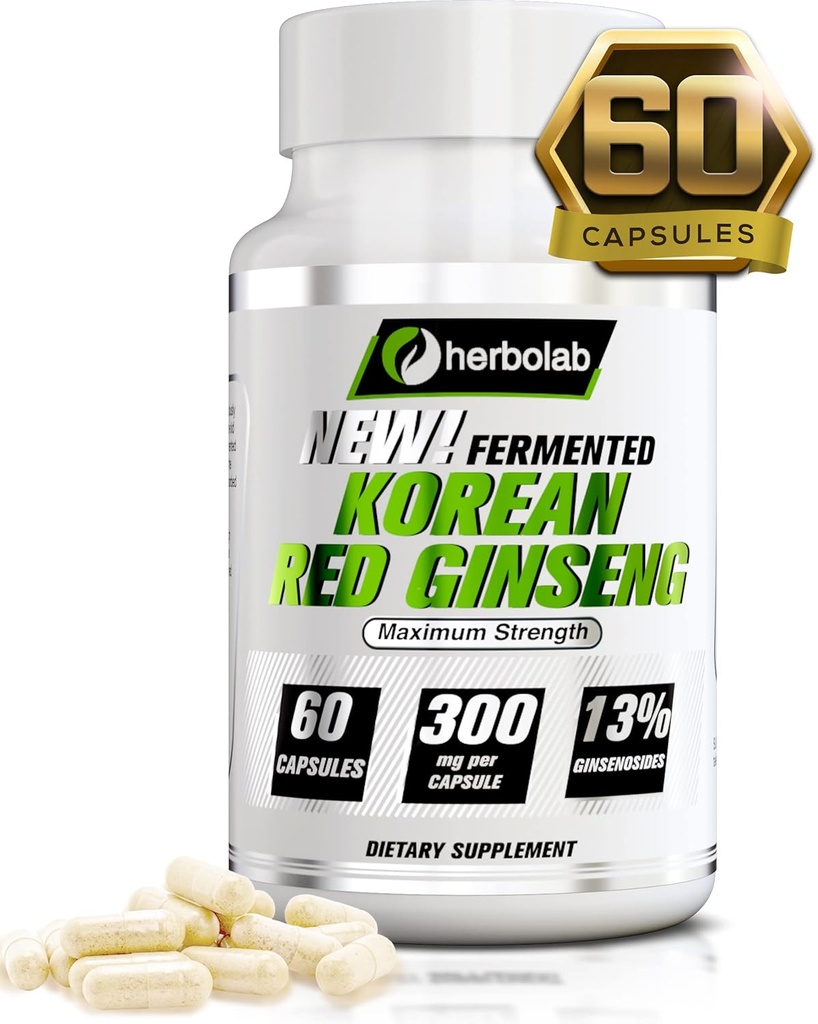 herbolab Koreansk Rød Ginseng Fermenteret 10: 1 (13% ginsenosider) - Ægte Panax Ginseng fra Korea 6 År Gamle Rødder - Patenteret Extract Technology