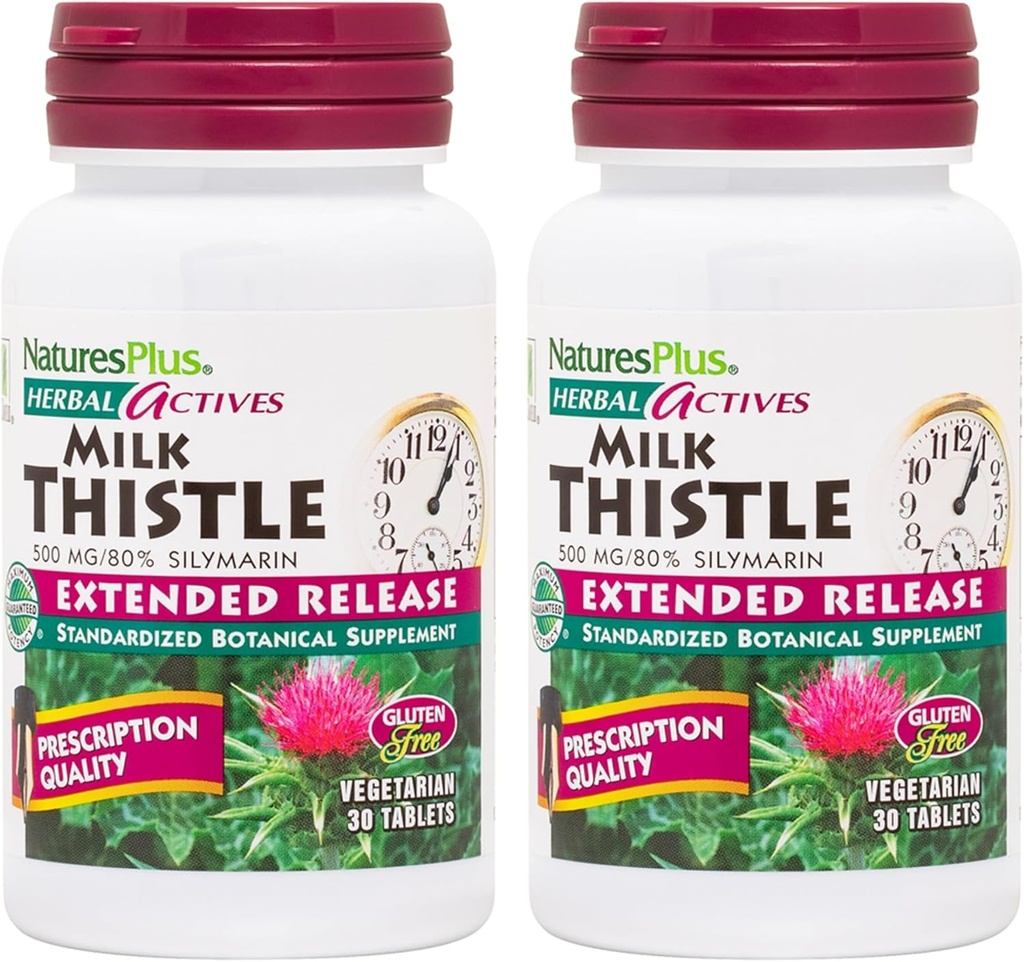 NaturPlus Herbal Actives Milk Thistle, Extended Release - 30 tabletter, pakke af 2 - Vegetarisk, Gluten Free - 60 Total Servering