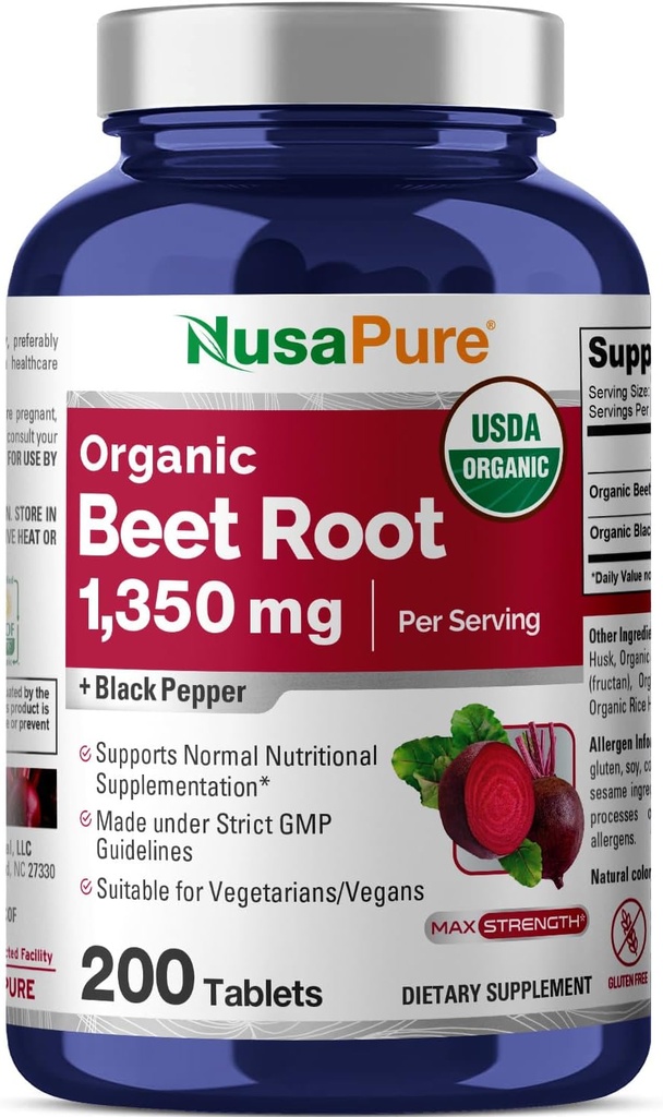 NusaPure Beet Root 1.350 mg 200 Organic Tablets (Vegetarisk, USDA, Non- GMO & Gluten Free) Black Pepper