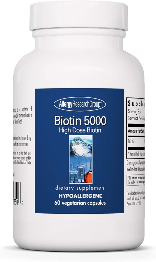 Allergy Research Group Biotin 5000 Supplement - 5000mcg Biotin, Vitaminer for hår, hud og negle, Høj dosis, Vegetariske kapsler, Hypoallergen, Gluten Free - 60 Greve