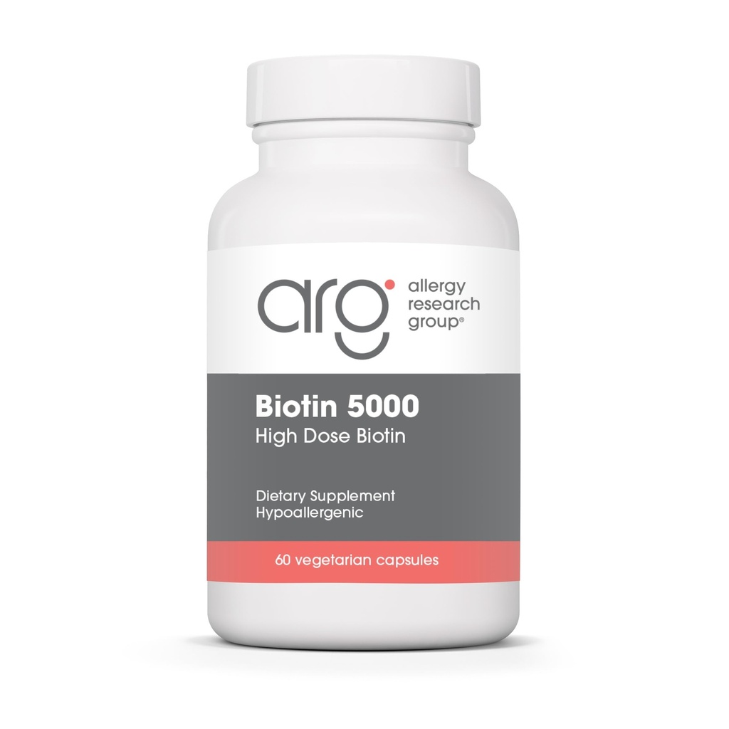 Allergy Research Group Biotin 5000 Supplement - 5000mcg Biotin, Vitaminer for hår, hud og negle, Høj dosis, Vegetariske kapsler, Hypoallergen, Gluten Free - 60 Greve
