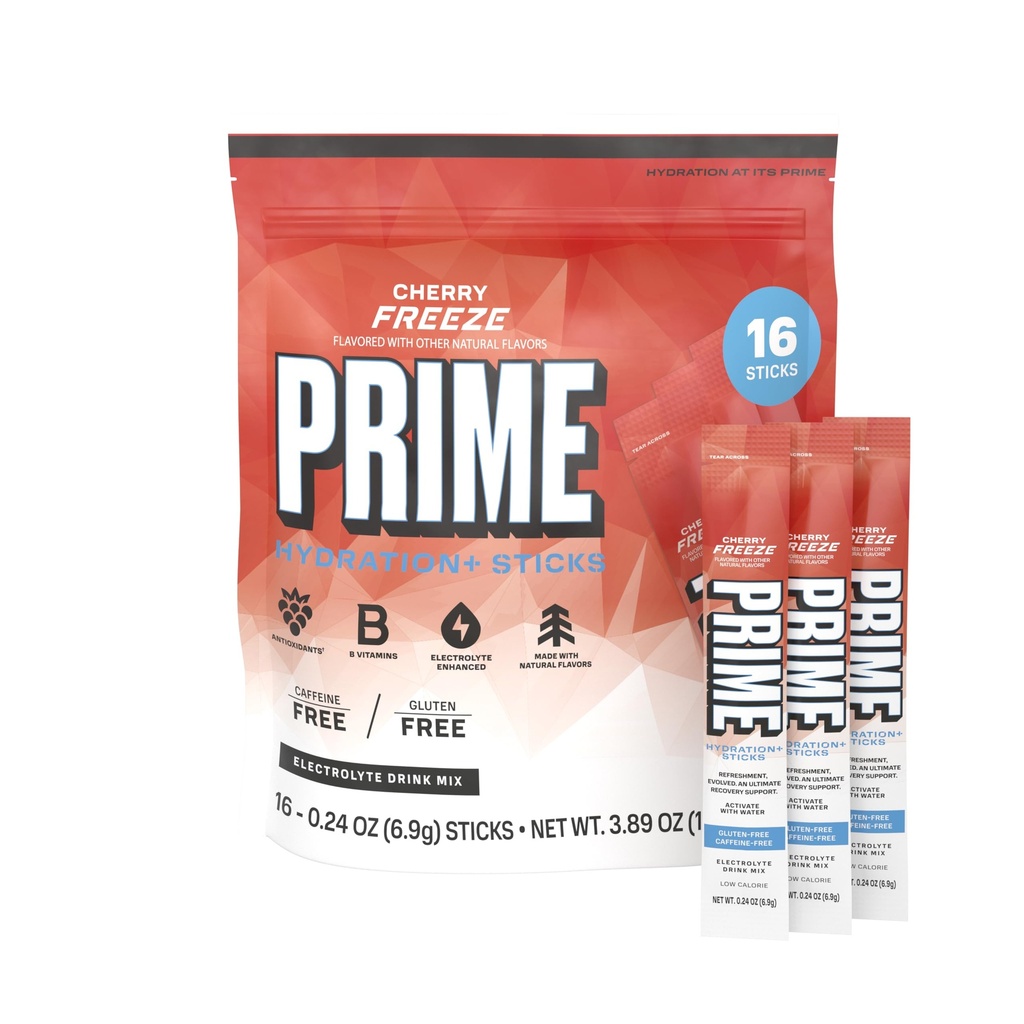 PRIME HYDRATION + sticks Cherry Freeze 124; Hydration Powder Single Serve Sticks # 124; Elektrolytpulver On the Go - 124; Lavsukker - 124; Kaffefri • 124; Vegan - 124; 16 sticks