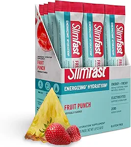 SlimFast Hydration Packets, Intermittent Fasting Electrolytes, Drink Mix Packets, Intermittent Fasting Powder, Energy Powder Drink Mix, Caffeine, Electrolytes for Hydration, Fruit Punch (12 Count)