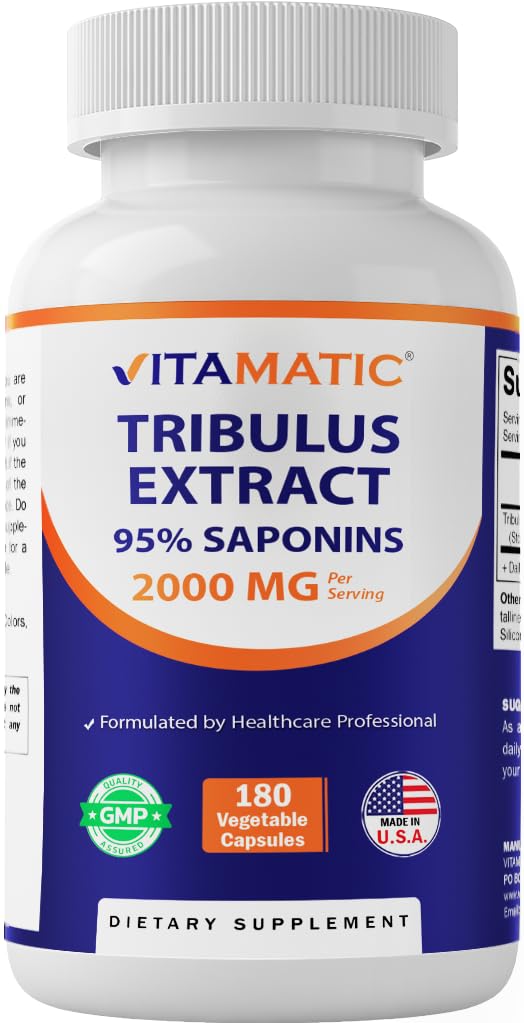 Vitamatisk Tribulus Terrestris til mænd - 2000 mg per servering - 95% saponiner - 180 grøntsagskapsler - Lavet i USA - Gluten Free & Non- GMO