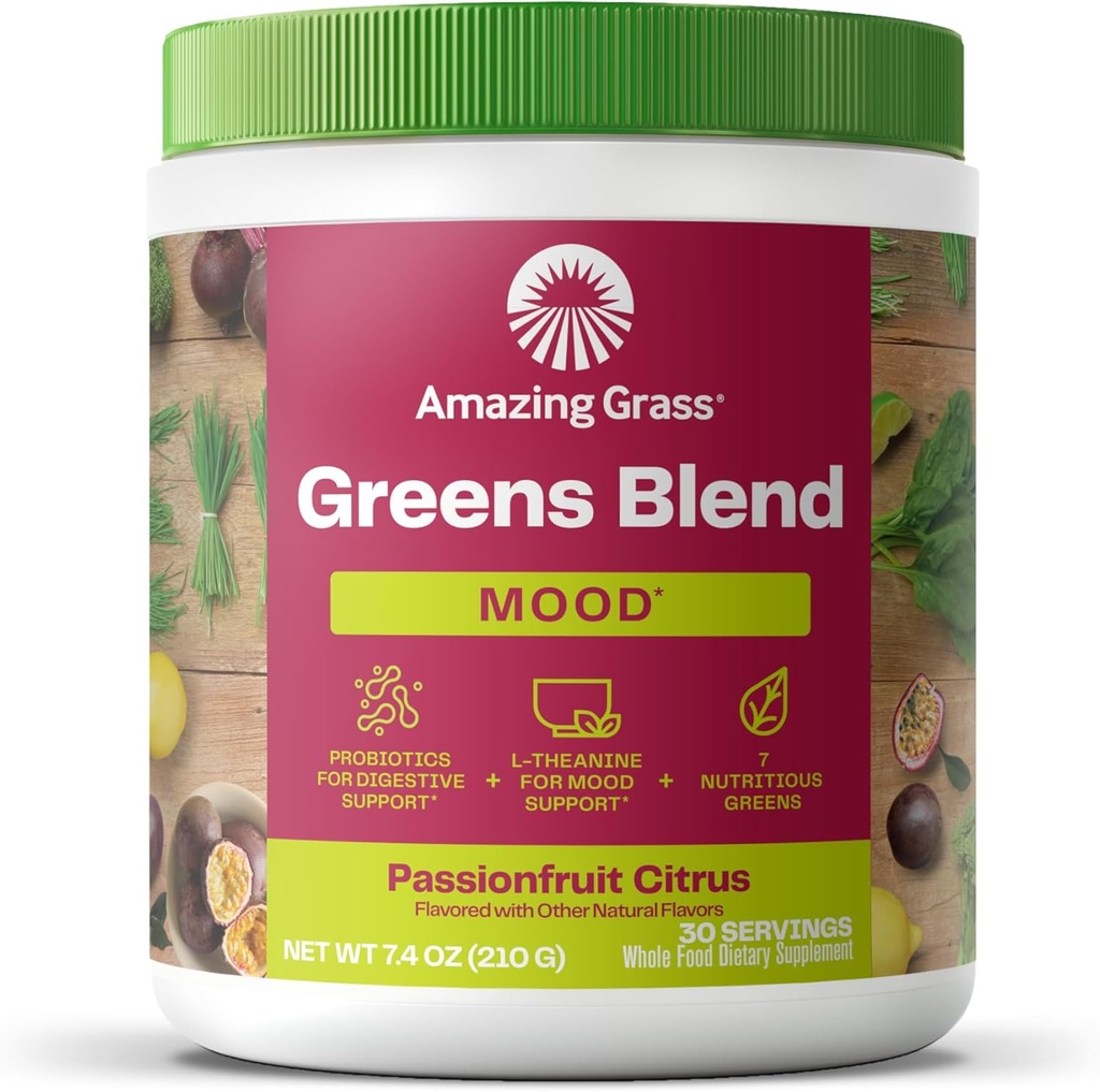 Amazing Grass Green Blend Mood: Super Green Powder Smoothie Mix for Mood, Afslapning & Stress Support med Organic Spirulina, Chlorella, Beet Root Powder, fordøjelige enzymer & probiotika, 30 Serveringer