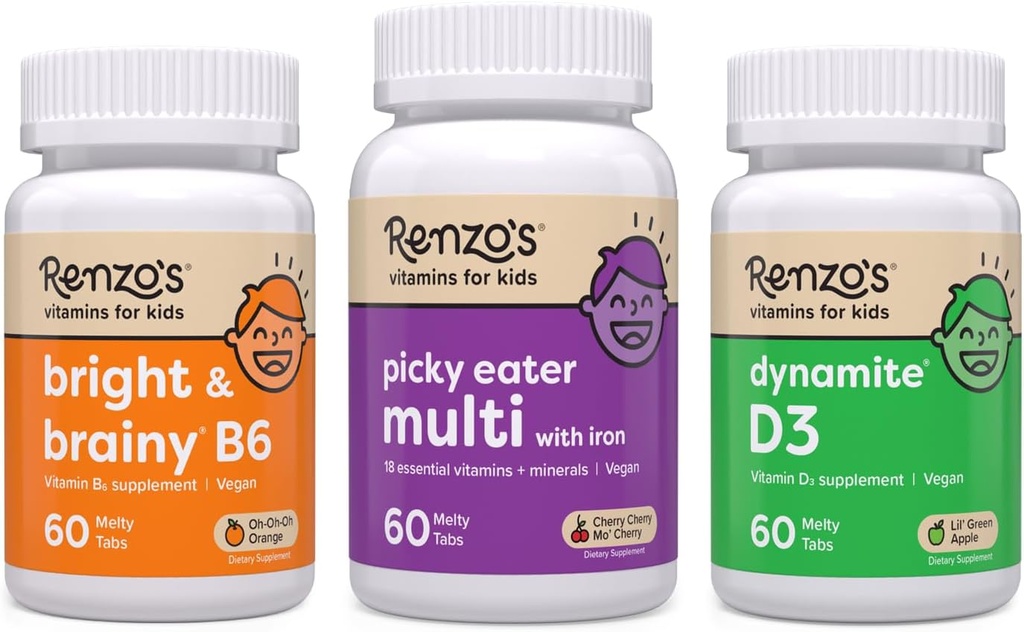 Renzos vitaminer eventyrlysten Kid Bundle - Picky Eater Kids Multivitamin, D3-vitamin til børn, og Bright & Brainy Vitamin B6