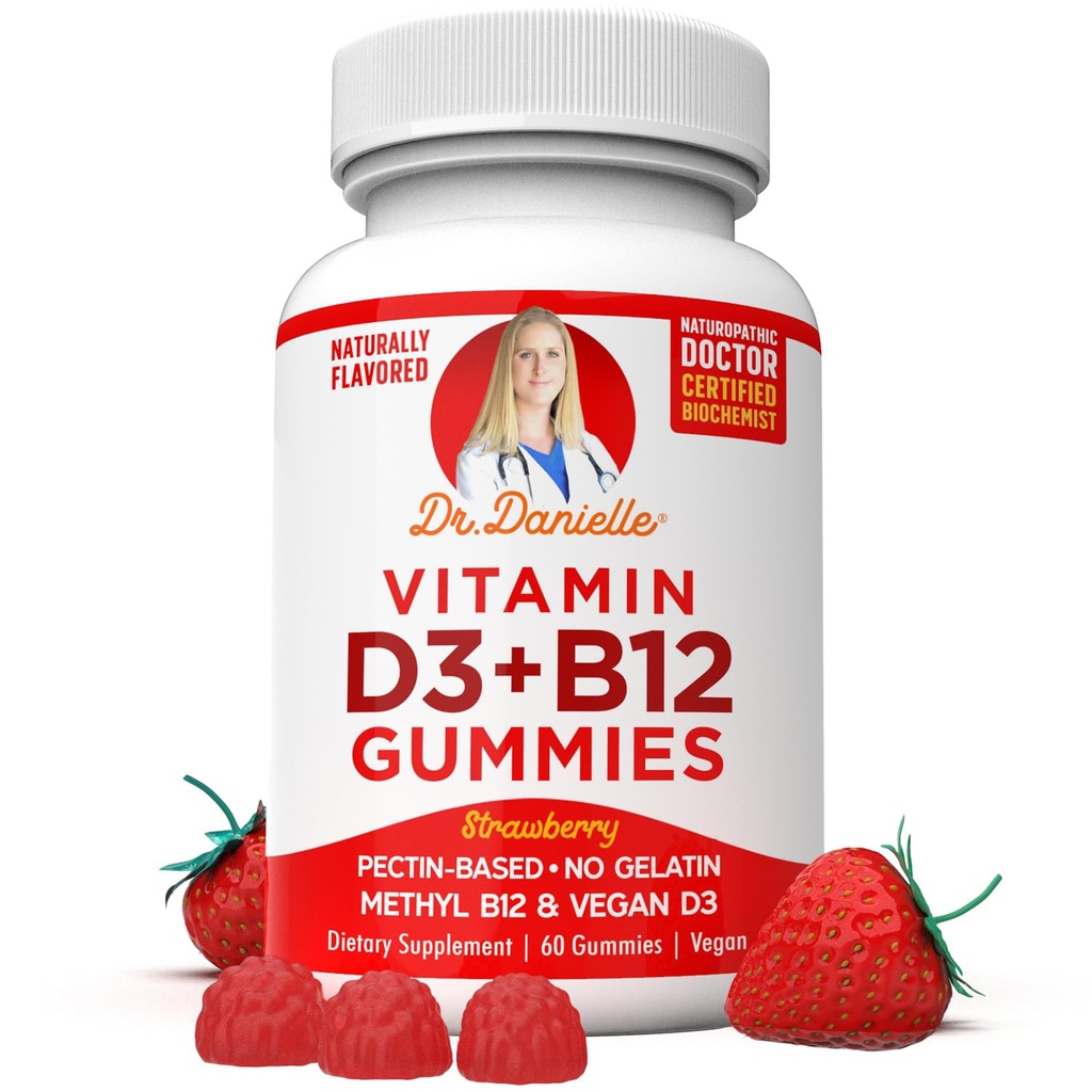 D3- vitamin, B12 Gummies af Dr. Danielle, Vegansk Dagligt tillæg for voksne og børn, non- GMO, D3- vitamin 1000 IE & 250 mcg B12-vitamin, 2 måneders Tilgang (60 Gummies)