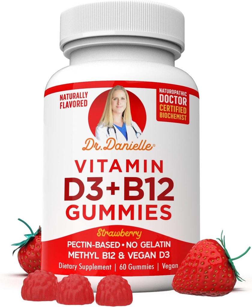 D3- vitamin, B12 Gummies af Dr. Danielle, Vegansk Dagligt tillæg for voksne og børn, non- GMO, D3- vitamin 1000 IE & 250 mcg B12-vitamin, 2 måneders Tilgang (60 Gummies)