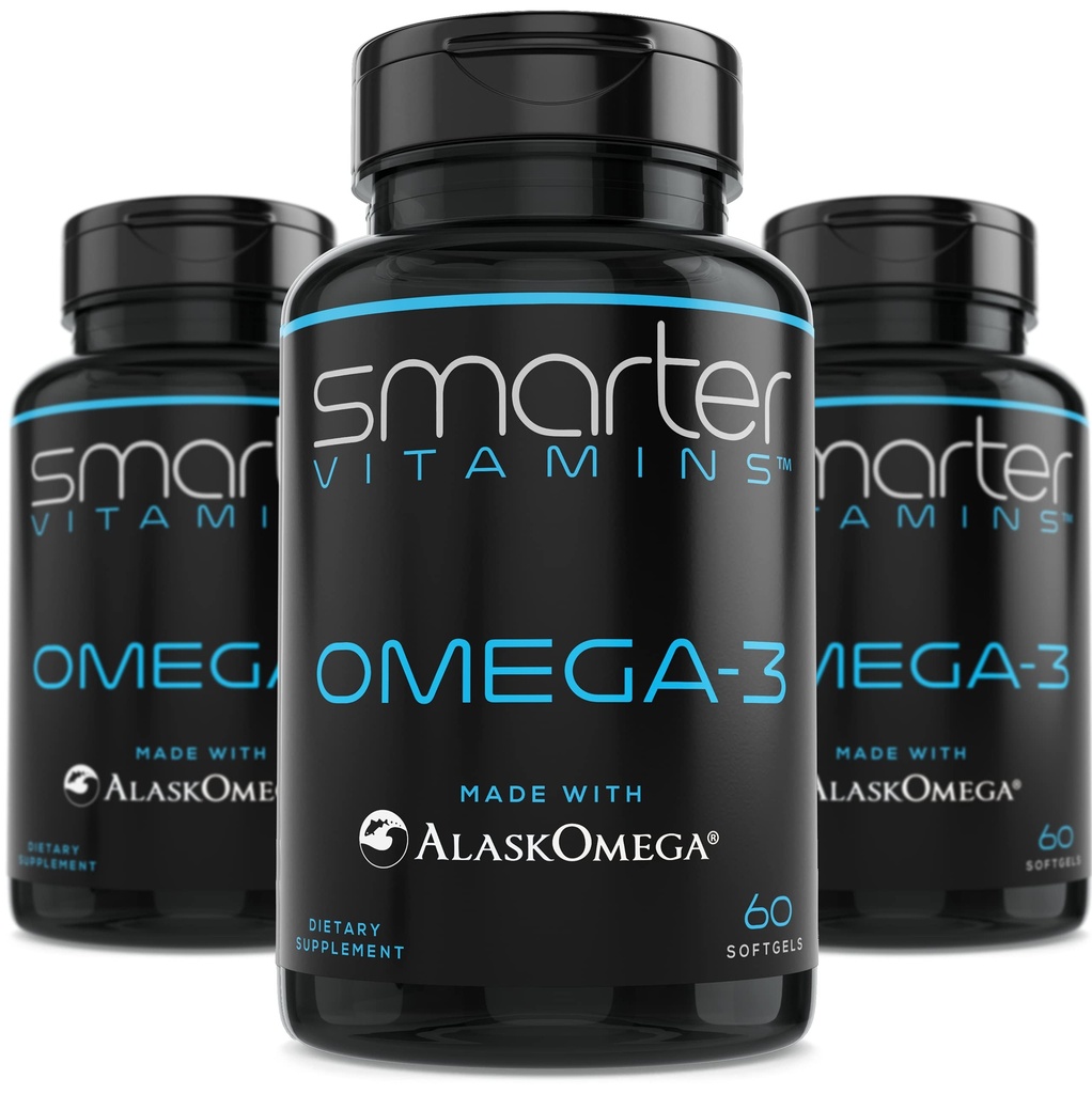 (3 Pack) Smarter Omega 3 Fiskeolie, Berry Flavor, Burpless, Tastless, 2000mg, DHA EPA Triple Strength Brain, Lavet med AlaskOmega ®