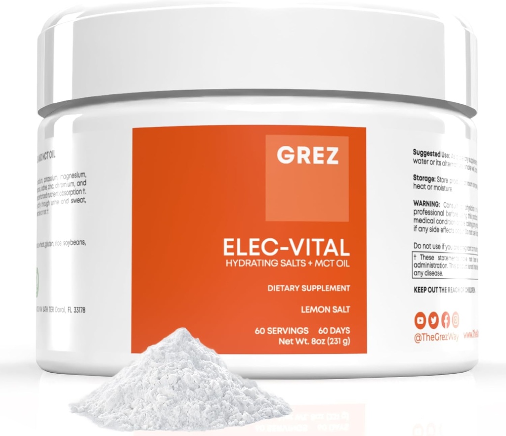 GREZ EL- Vital Electrolytes Powder No Sugar - Hydration Powder, Keto Electrolytes No Sugar - Komplet mineralstøtte, natrium, kalium, magnesium, zink - 60 Servere