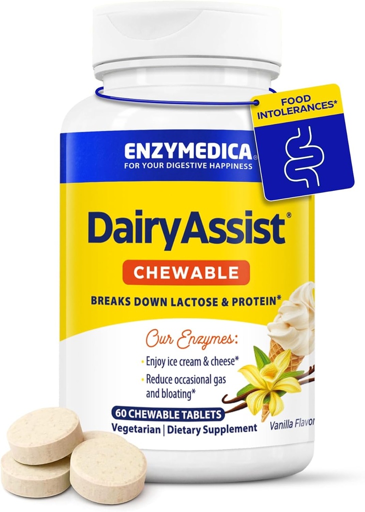 Enzymedica DairyAssist Chewable, 21- 1- fordøjelsesenzymer til mælk, laktose og casein fordøjelse, hurtigtvirkende formel for gas og bloating relief, 60 tyggetabletter