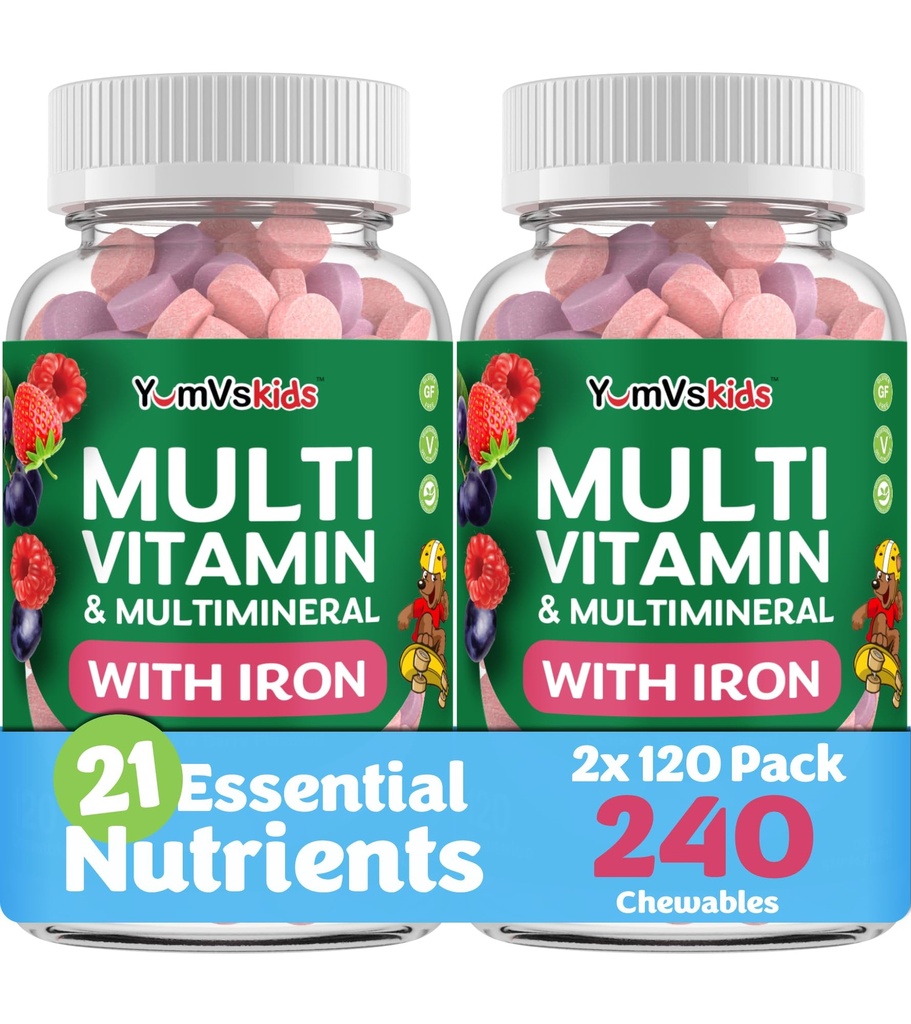 YUM- V 's Kids Multivitamin med Jern - Kids Chewable Multivitamin - Vitaminer + Iron Supplement - Toddler Vitaminer til 2 år gamle +, Kosher, Halal, Gluten Free 120 (Pack of 2