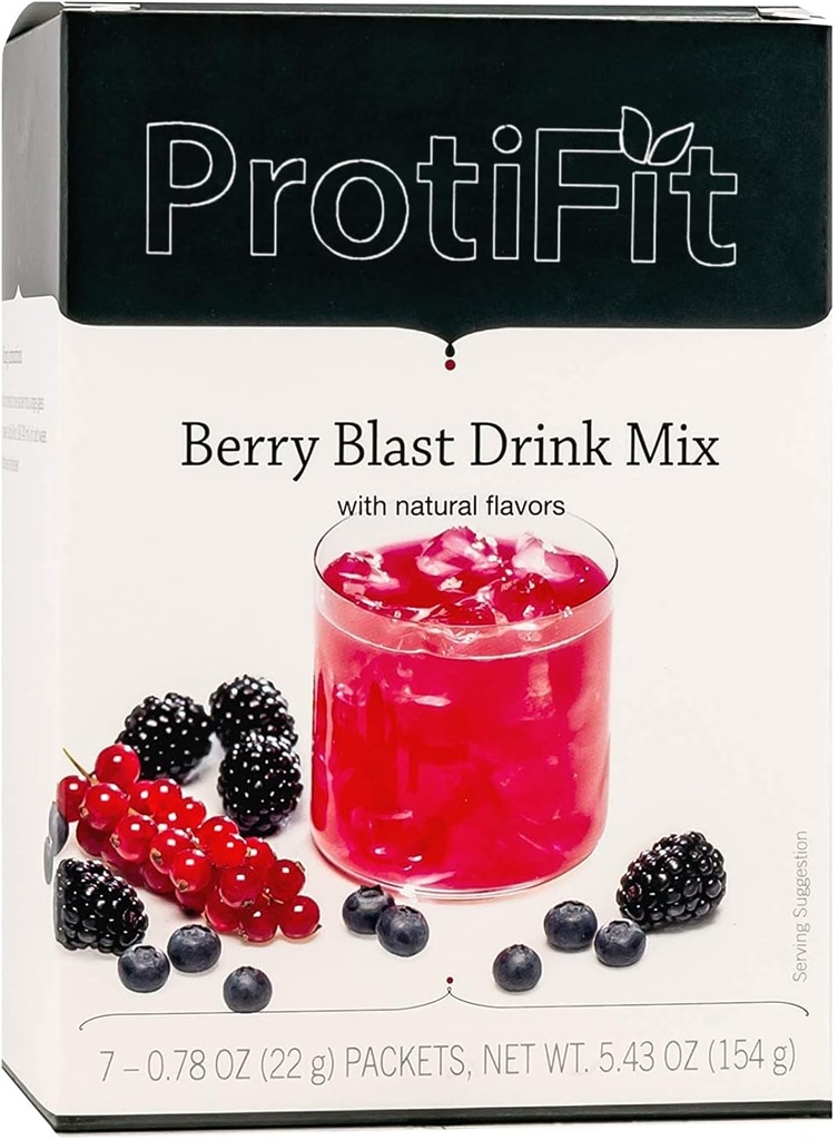 ProtiFit - High Protein Fruit Flavored Powder Drink Mix, 15g Protein, Lavkalorie, Sukker fri, Ideel Protein Kompatibel, 7 Servere Per Box (Berry Blast)