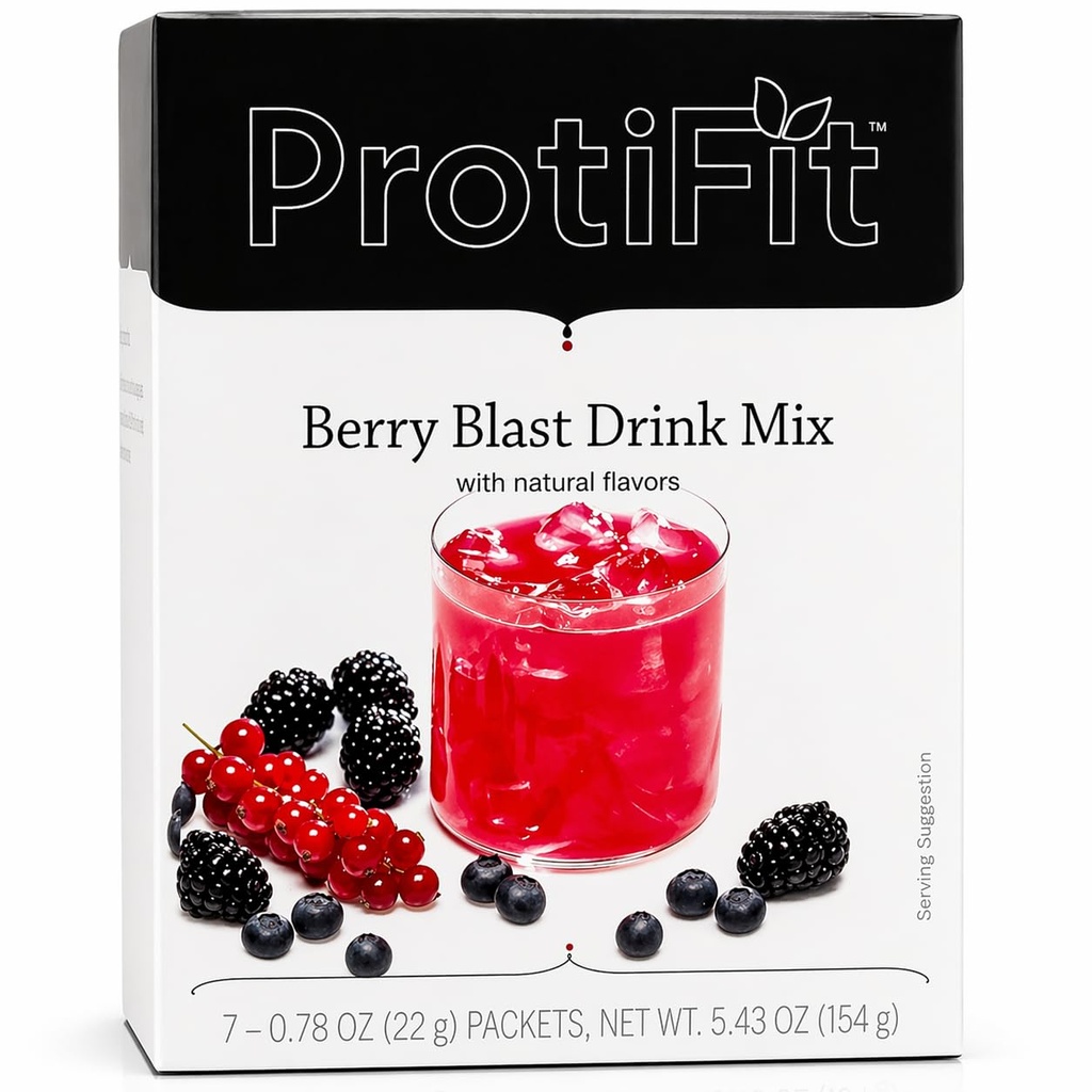 ProtiFit - High Protein Fruit Flavored Powder Drink Mix, 15g Protein, Lavkalorie, Sukker fri, Ideel Protein Kompatibel, 7 Servere Per Box (Berry Blast)