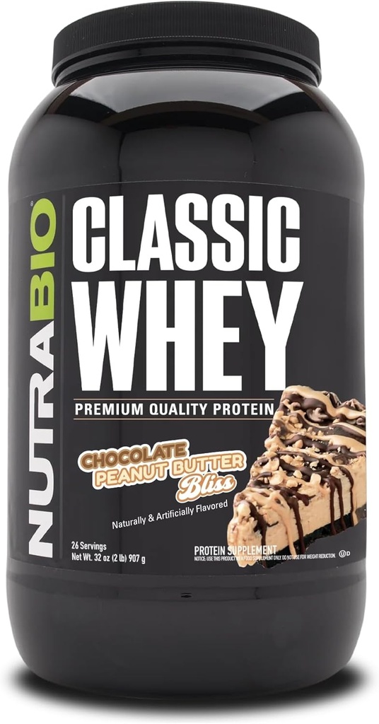 NutraBio Classic Whey Protein Powder- Full- Spectrum Aminosyreprofil - Ingen fyldstoffer, kunstige farver, konserveringsmidler - Lav glycemisk indeks - (Chocolate Peanut Butter, 2 Pounds)