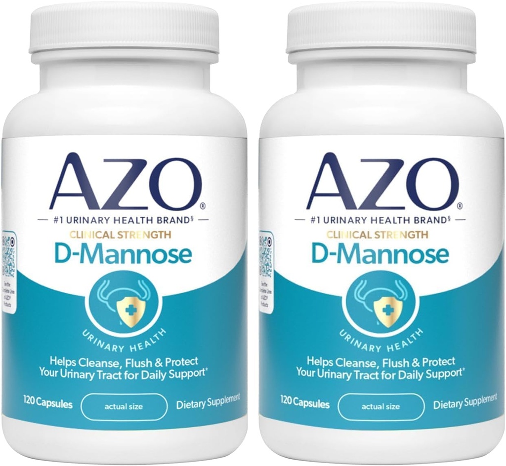 AZO D Mannose Urinary Tract Health, Rense, Flush & Protect The Urinary Tract, No.1 Pharmacist Anbefalet mærke, Klinisk Styrke, Non- GMO, 120 Greve (pakke med 2)