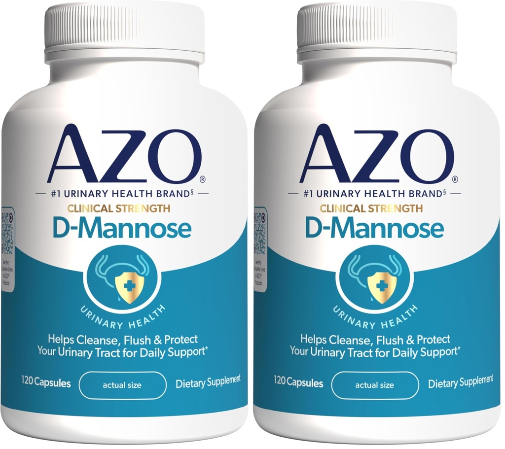 AZO D Mannose Urinary Tract Health, Rense, Flush & Protect The Urinary Tract, No.1 Pharmacist Anbefalet mærke, Klinisk Styrke, Non- GMO, 120 Greve (pakke med 2)