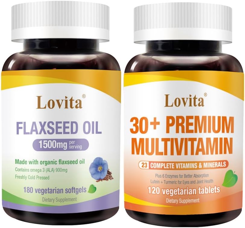Lovita Cold- presset hørfrø Olie & Premium Multivitamin til voksne 30 + næringsstoffer Bundle (Vegetarisk)