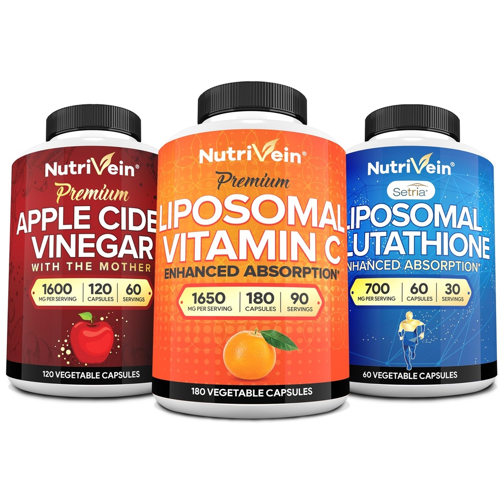 Nutrivein Premium Liposomal Glutathion, Apple Cider Vinciferkapsler, & C-vitamin supplement Bundle: C-vitamin, ACV kapsler, & Glutathione supplement Bundle for cellular Defense & Detox