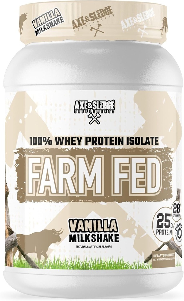 Axe & Sledge Farm Fed 100% Whey Protein Isolate Medical 124; 25g Protein Medical 124; Lavcarb, Lavsukker, Gluten Free Medical 124; Protein Powder for Mænd og Kvinder Medical 124; Keto Medical 124; Made in The USA Medical 124; 28 Servere, Vanilla Milkshake