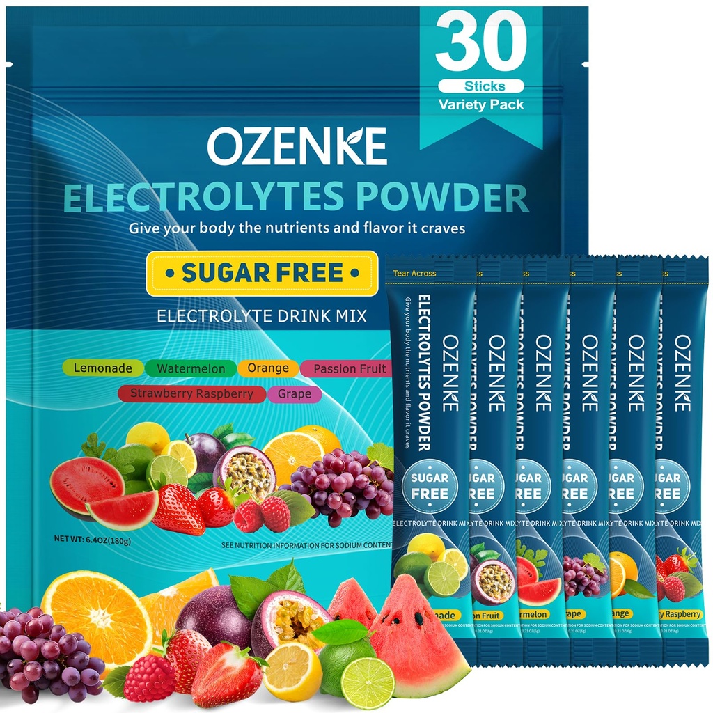 Elektrolyter Powder Packets, 30 sticks Hydration Packets Sugar Free, Electrolyte Drink Mix Travel Electrolyte Packets for Rapid Hydration, 6 Arme