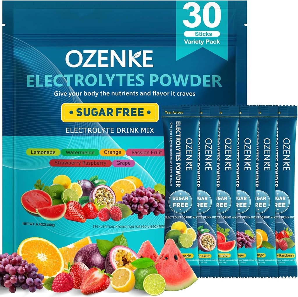 Elektrolyter Powder Packets, 30 sticks Hydration Packets Sugar Free, Electrolyte Drink Mix Travel Electrolyte Packets for Rapid Hydration, 6 Arme