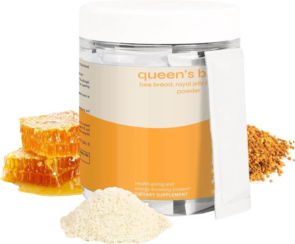 Queen's Boost - Sugar-Free Bee Bread, Royal Jelly & Propolis Powder with Vitamin C - Non-GMO, Immune and Energy Support- 30 Individual Sachets per Pack, 30-Day Supply