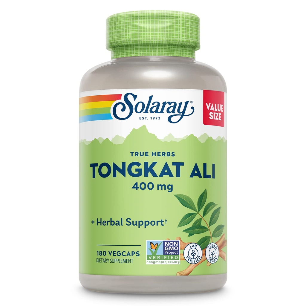 SOLARAY Tongkat Ali 400 mg - Longjack Tongkat Ali for mænd - Urtestøtte til mænds sundhed og vitalitet - Vegan, Non- GMO, Lab Verified - 180 Servere, 180 VegCaps