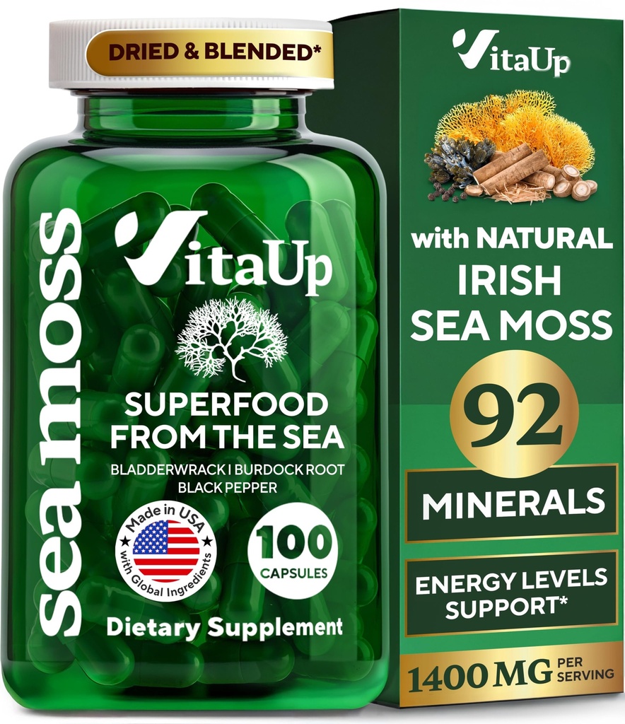 Fremstillede Irske Hav Moss Kapsler med Burdock Root & Bladderwrack - USA Made Sea Moss Avanceret til hår, hud, immunforsvar og energiniveauer Support - SeaMoss Pills - 100 Vegan Kapsler