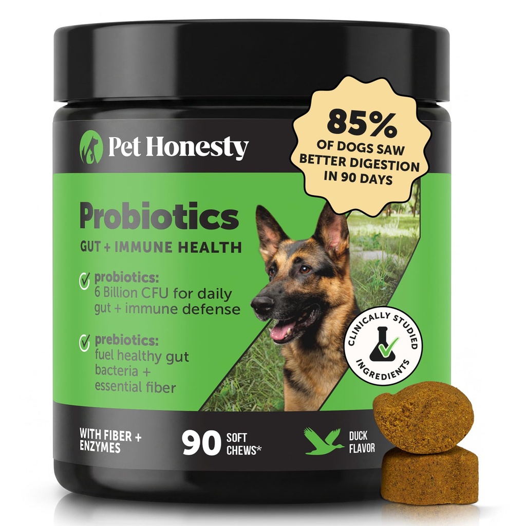 Pet Honesty Probiotika til Hunde til Lejlighedsvis Diarré & tarmstøtte, fordøjelsesenzymer med Prebiotika til Gut Sundhed for Hunde, Immunitet Sundhed & Itch Relief (Duck 90 ct)