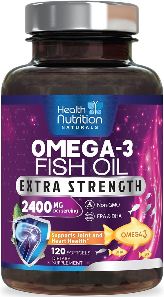 Omega 3 Fish Oil 2400 mg - Triple Strength Omega3, EPA & DHA Fedtsyrer Supplement - Natural Support for Immun, Heart & Brain Health - Wild Caught, Non- GMO, Lemon Flavor, Burpless - 120 Softgel