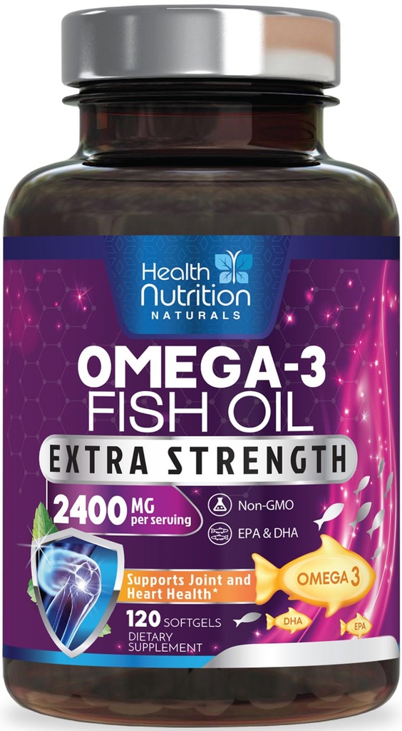 Omega 3 Fish Oil 2400 mg - Triple Strength Omega3, EPA & DHA Fedtsyrer Supplement - Natural Support for Immun, Heart & Brain Health - Wild Caught, Non- GMO, Lemon Flavor, Burpless - 120 Softgel