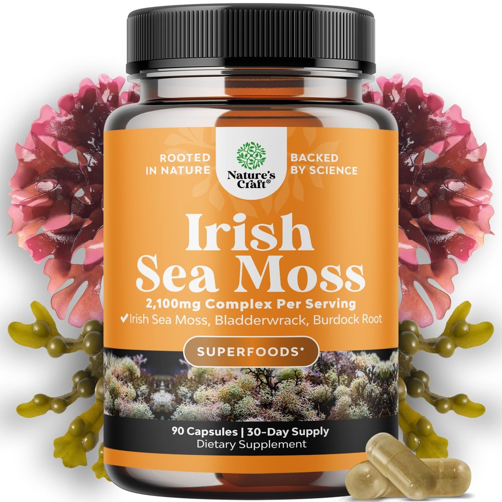 Organic Irish Sea Moss Capsules - Organic Sea Moss Pills med 2100mg Servering Superfood Complex med Bladerwrack Burdock Root og BioPerine til immunhud- og thyreoideastøtte - Vegansk non-GMO (1 måned)
