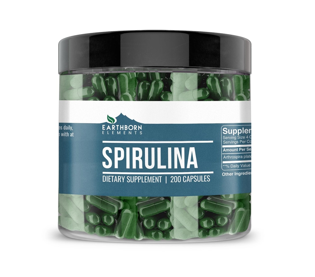 Earthborn Elements Spirulina 200 Kapsler, Pure & Ufortyndet, Ingen tilsætningsstoffer