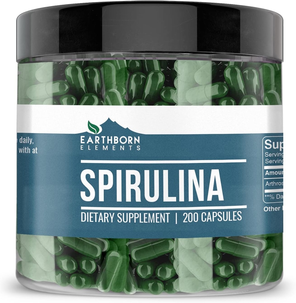Earthborn Elements Spirulina 200 Kapsler, Pure & Ufortyndet, Ingen tilsætningsstoffer